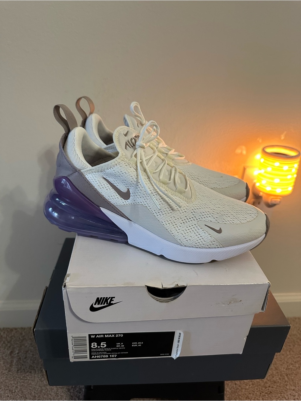 Nike Air Max 270, Women’s Sneakers in Cream and Purple. Size 8.5